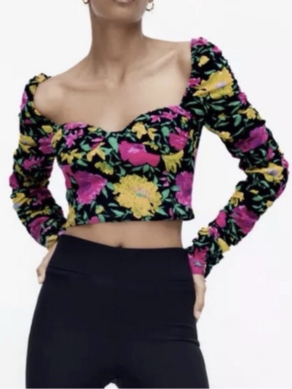 Zara Black Sweetheart Crop Top with Pink & Yellow Floral Print